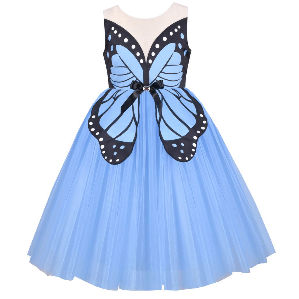 Girls Dress Blue Butterfly Embroidery Tulle Party Sleeveless Backless –  Sunny Fashion